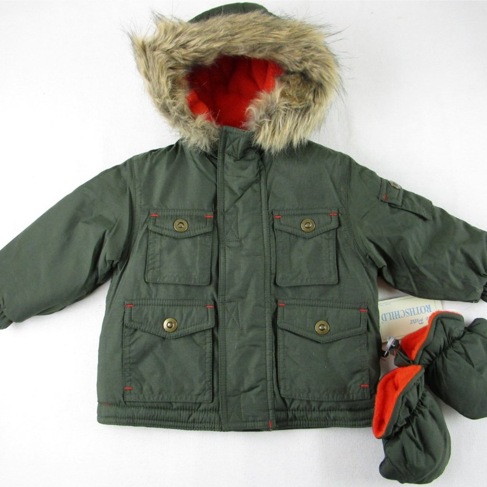 NWT Le Petit Rothschild Boy's Parka Coat w/ Fur Trimmed Hood & Mittens, 12M, $50